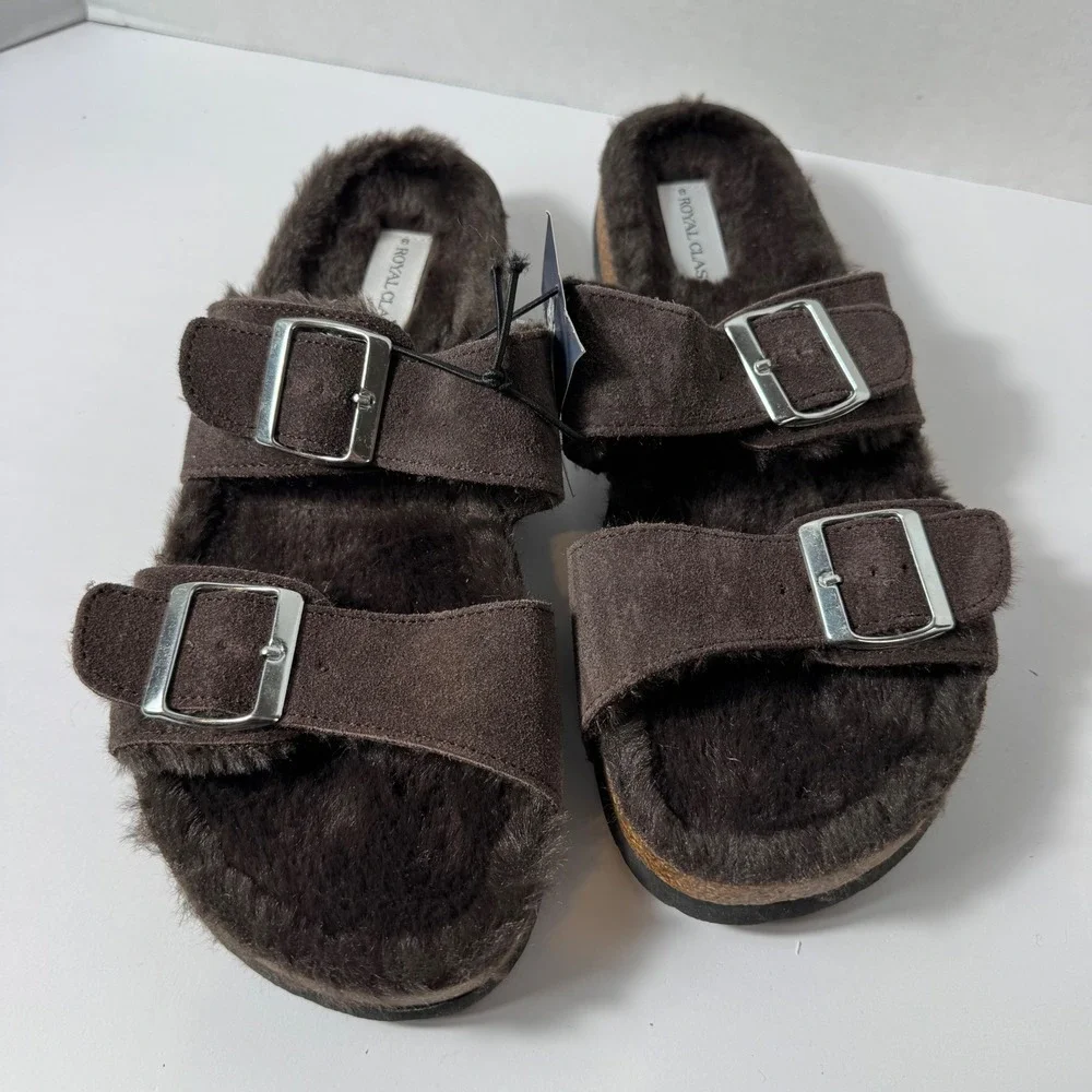 Royal Class Mens‎ Faux Fur Lined Footbed Sandals Brown Buckle Slides Size 8 NEW